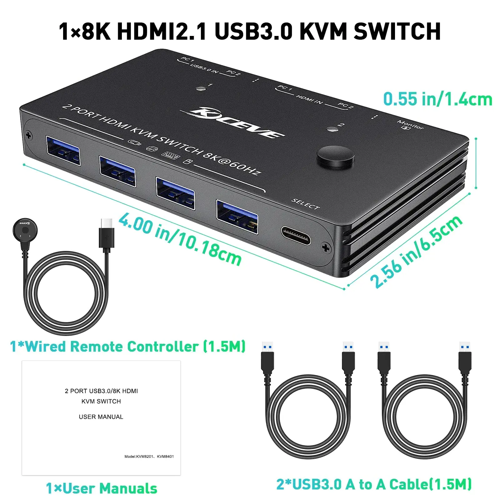 Kceve KVM8201 8K USB 3.0 KVM Switch HD 2 Port 8K@60Hz 4K@120Hz for 2 Computers Share 1 Monitor and 4 USB 3.0 Devices