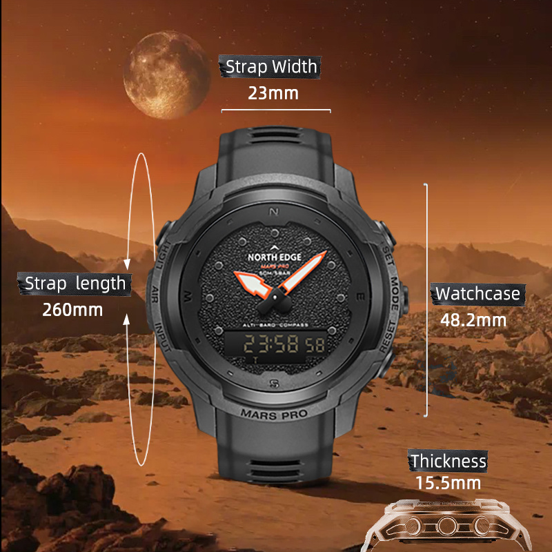 NORTH EDGE MARS Pro Men's Sports Digital Watch Carbon Fiber Case Watches Altimeter Barometer Compass Waterproof 50M