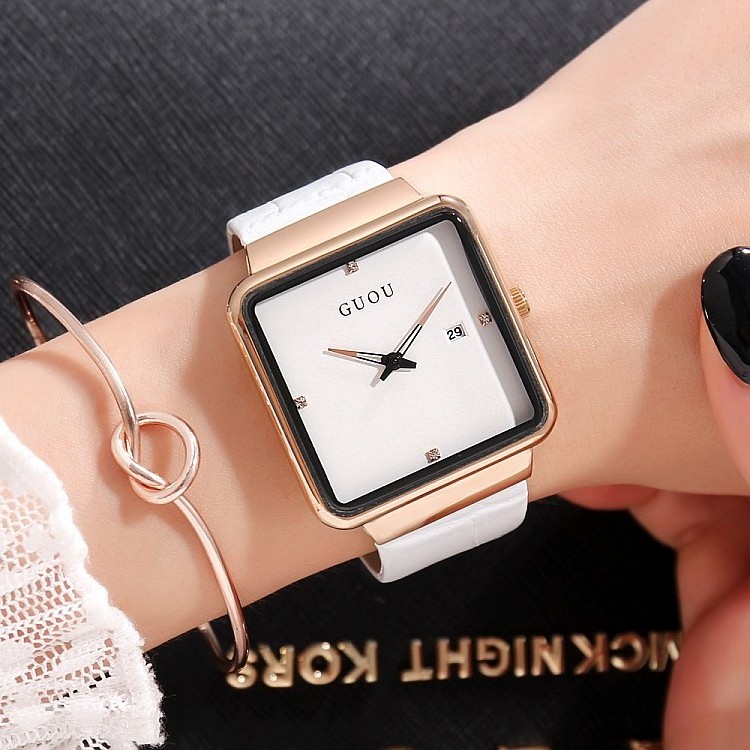 HOT SELL   GUOU 8179black ladies quartz watch exclusive Genuine Leather Strap Diamond analog display Simple student hand watch