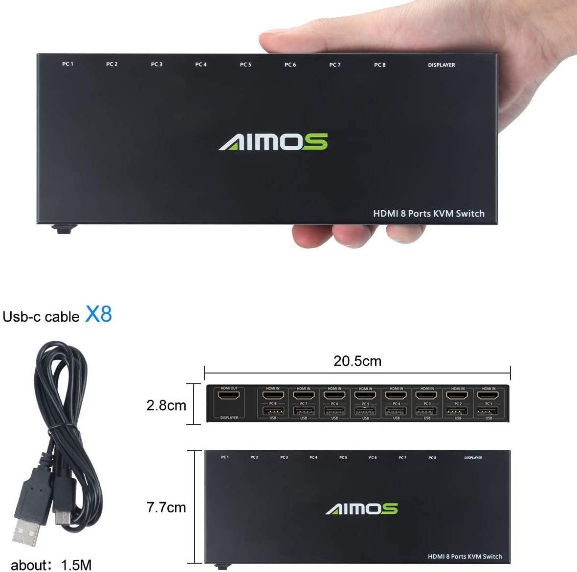 AIMOS  HD  7 KVM Switch, 8 in 1Out USB2.0 HDMI KVM Switcher Box Support 4K@30Hz for 8 PC Share Keyboard and Mouse, Compatible