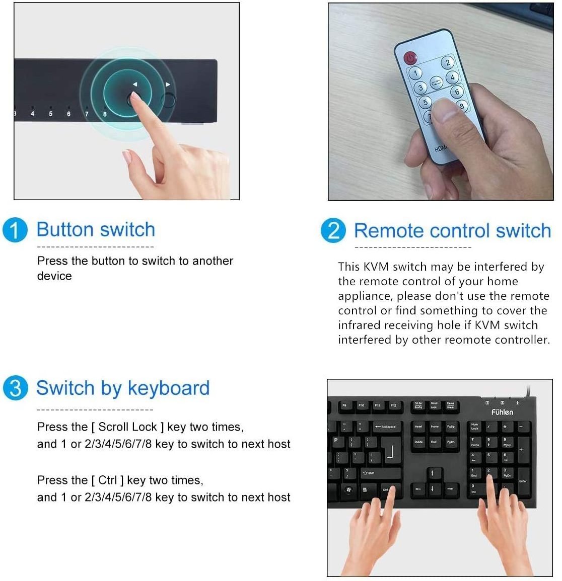 AIMOS  HD  7 KVM Switch, 8 in 1Out USB2.0 HDMI KVM Switcher Box Support 4K@30Hz for 8 PC Share Keyboard and Mouse, Compatible