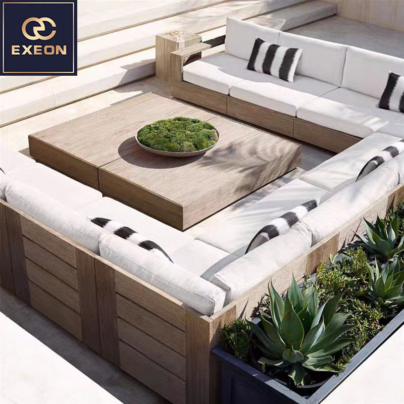 Factory Custom Sofa Wood Furniture Teak U-sofa Sectional Outdoor Patio Garden Sets Wood Couch Set