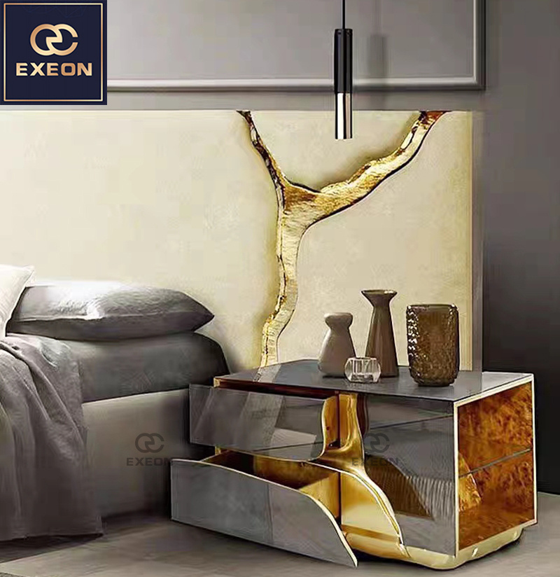 High Quality Italian Light Luxury Stainless Steel Nightstand High-end  Hotel Villa Bedroom Drawer Nightstand