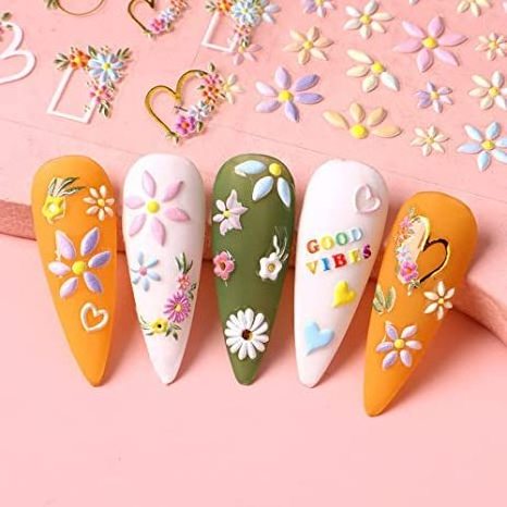 Flower Nail Art Stickers 5D Embossed Nail Decals Spring Daisy Art Design Self Adhesive Nail Supplies