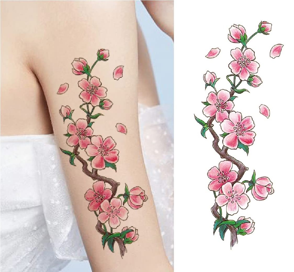 Flower Temporary Tattoos For Women Rose Cherry Peony Peach Blossoms Tattoo Body Art Adult Waterproof Stickers