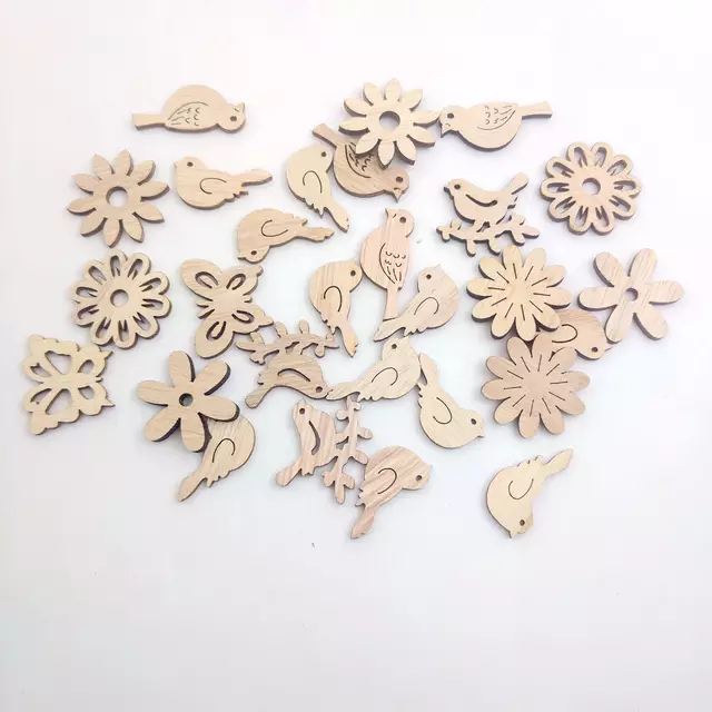 10 Pieces Cut Wood Chips Mixed Laser Flower Bird Patterns For DIY Decoration Wooden Ornaments