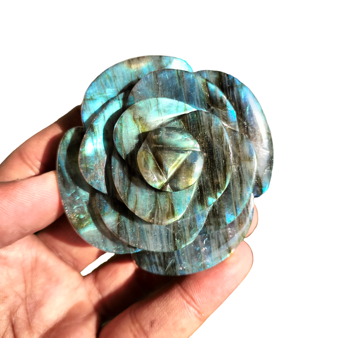 Exclusive Hand Carved Crystal Cabochon Premium Natural Blue Flash Labradorite Rose Flower For Sale Crystal Flower For Gift