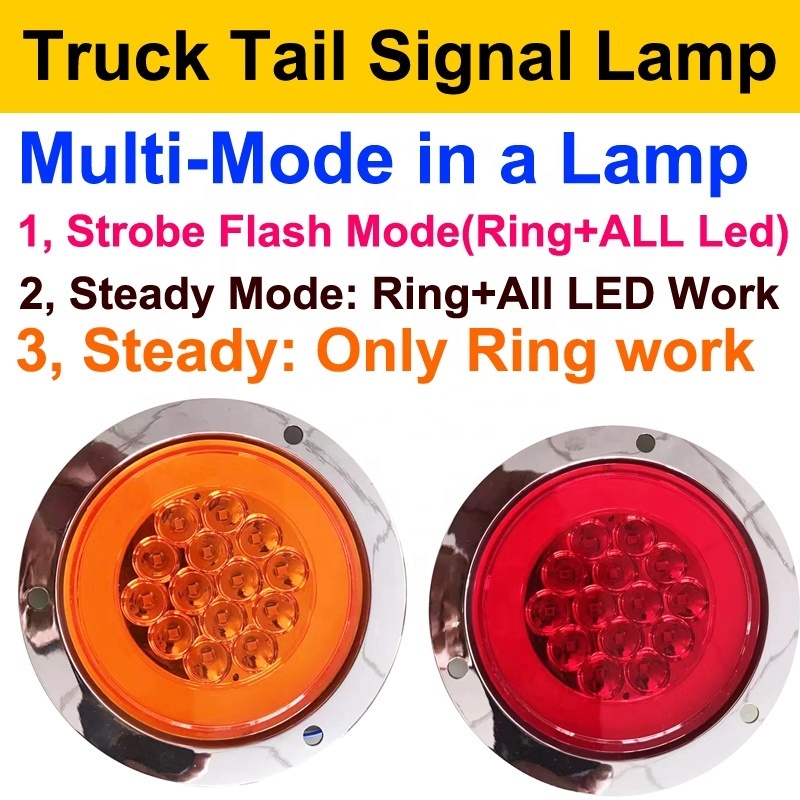 2024 hot 4 inch LED para Camiones Truck Semi trailer Rear Brake Light Y14 Strobe Red Amber Chrome Round 4