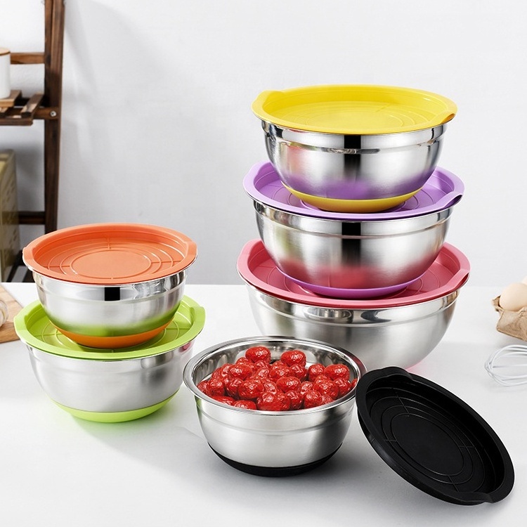 Wholesale Large Capacity Colorful Airtight Lid Deep Kitchen Stainless Steel Salad Mixing Bowls Set with Silicone Bottom