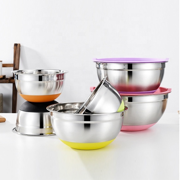 Wholesale Large Capacity Colorful Airtight Lid Deep Kitchen Stainless Steel Salad Mixing Bowls Set with Silicone Bottom