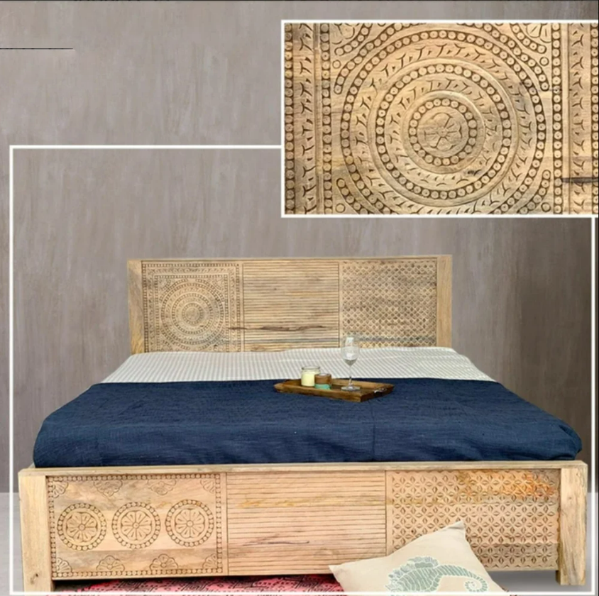 King Size Mango Wood Wooden Designer Bed, With Storage furniture bed home living room furniture by exotic indian art