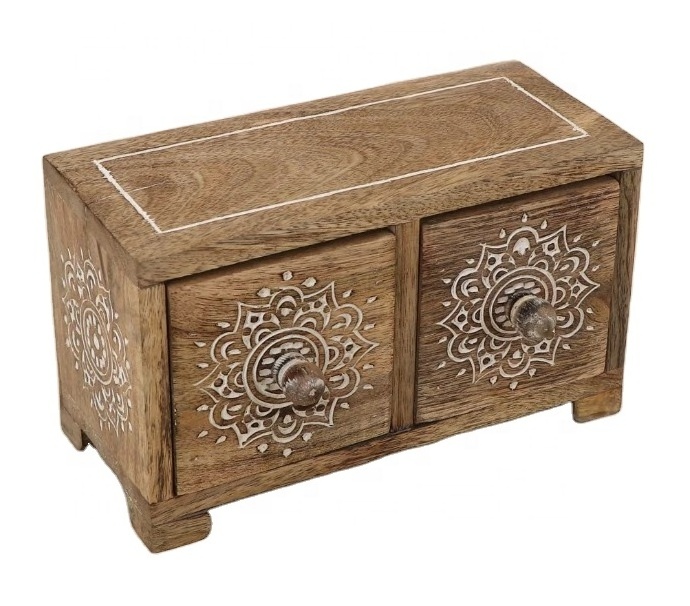 HOT SALE 2023 Small Tabletop Carved Wood Mandala Pedestal Riser With Drawers