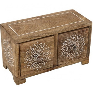 HOT SALE 2023 Small Tabletop Carved Wood Mandala Pedestal Riser With Drawers