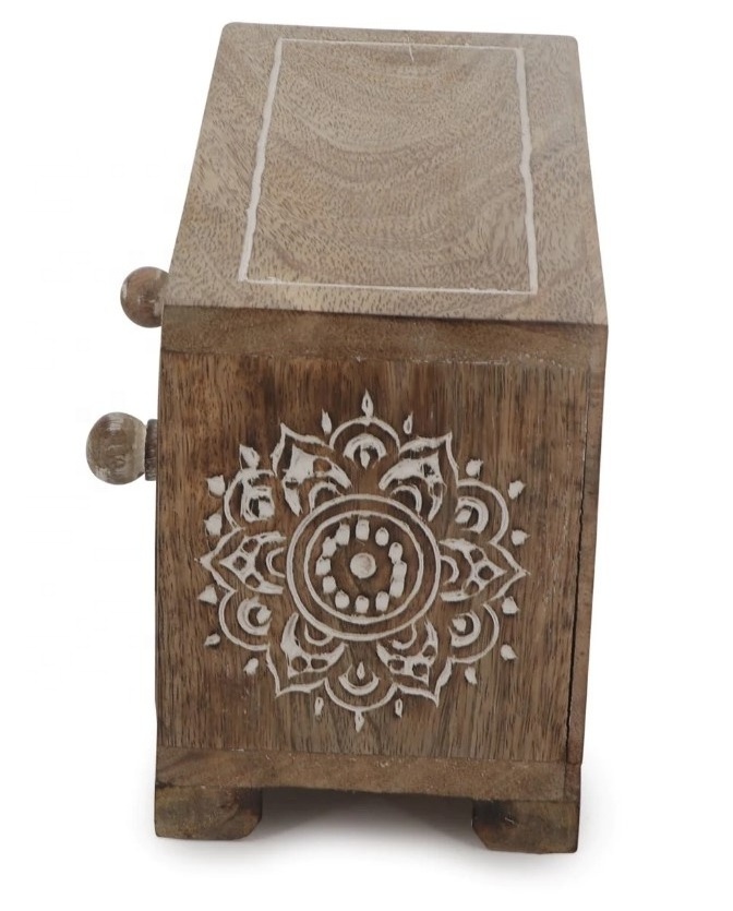 HOT SALE 2023 Small Tabletop Carved Wood Mandala Pedestal Riser With Drawers