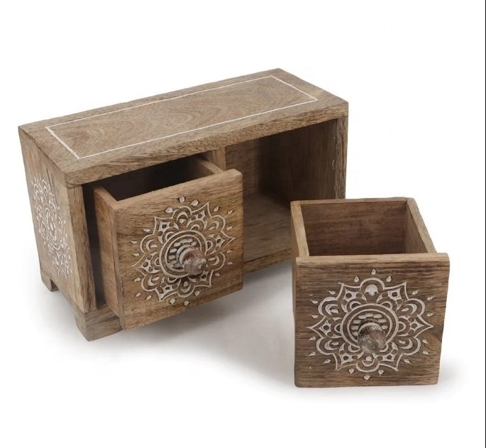 HOT SALE 2023 Small Tabletop Carved Wood Mandala Pedestal Riser With Drawers