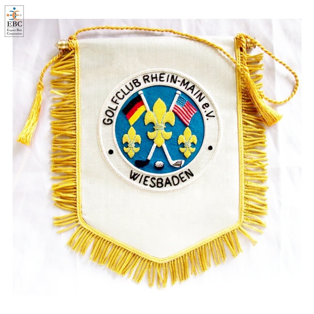 Customized Embroidered Pennant Wholesale Gold Fringed & Tassel Pennant and Club Flags OEM Handmade Goldwire Pennant Flags Banner