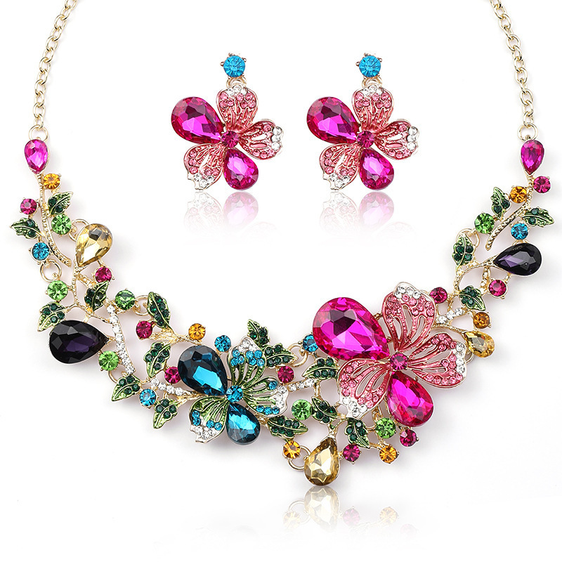 Baroque Rhinestone Jewelry Set Rainbow Fower Crystal Earings Necklace Set Bridal For Women Gift Wedding Jewellery Set