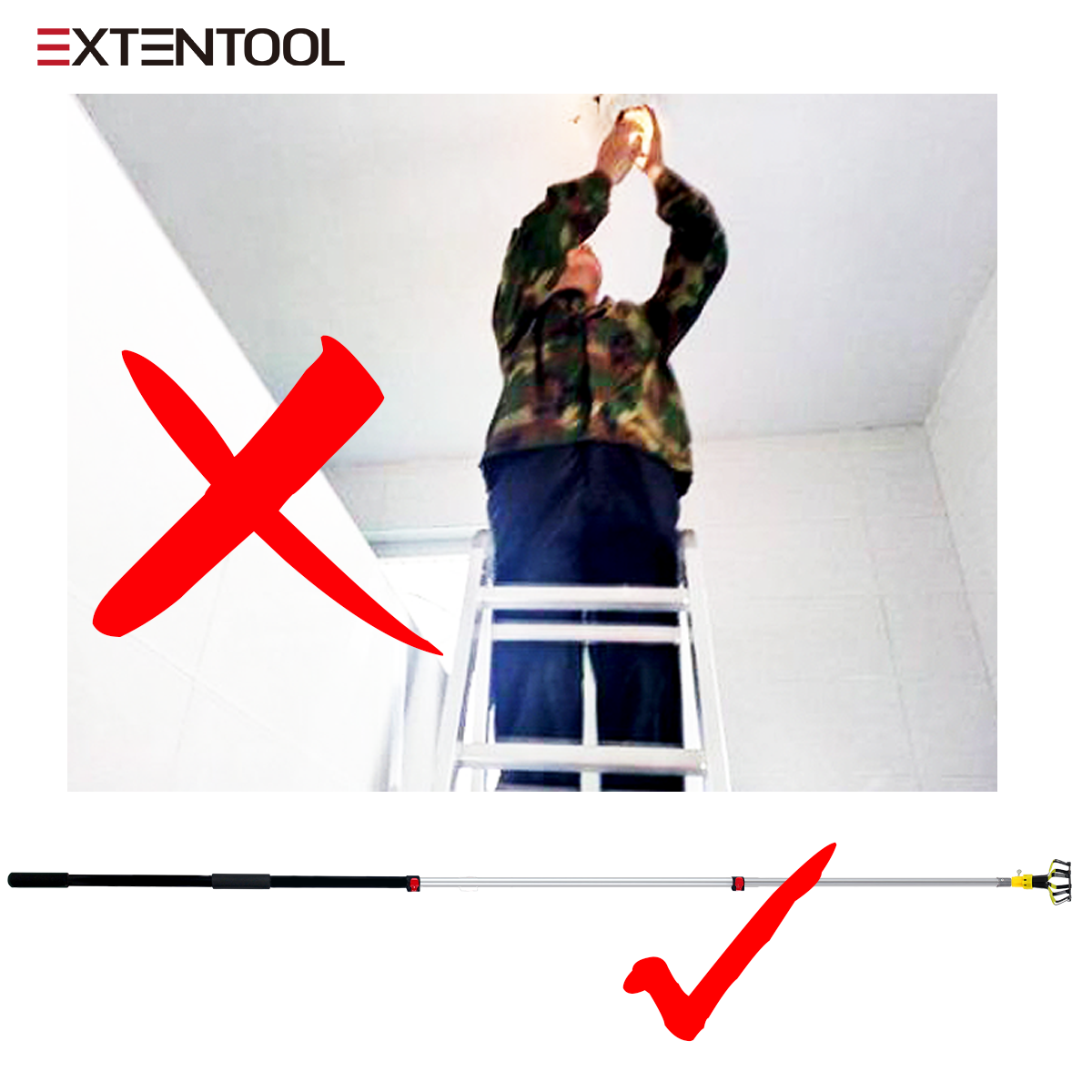 Exten-hiclean light bulb changer for general purpose for high ceiling with lightweight extension pole