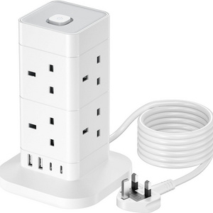 Tower Extension Lead 8 Way 13A 4 USB Ports Multi Plug Extension Socket with Surge Protection Power Strip Extension Cord for Home