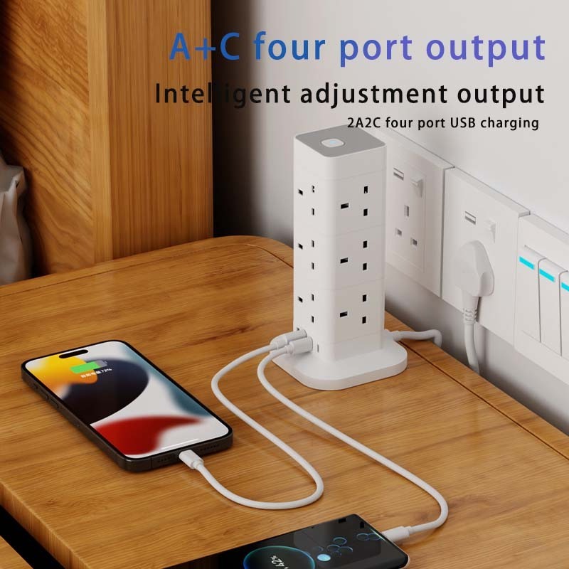 Tower Extension Lead 8 Way 13A 4 USB Ports Multi Plug Extension Socket with Surge Protection Power Strip Extension Cord for Home