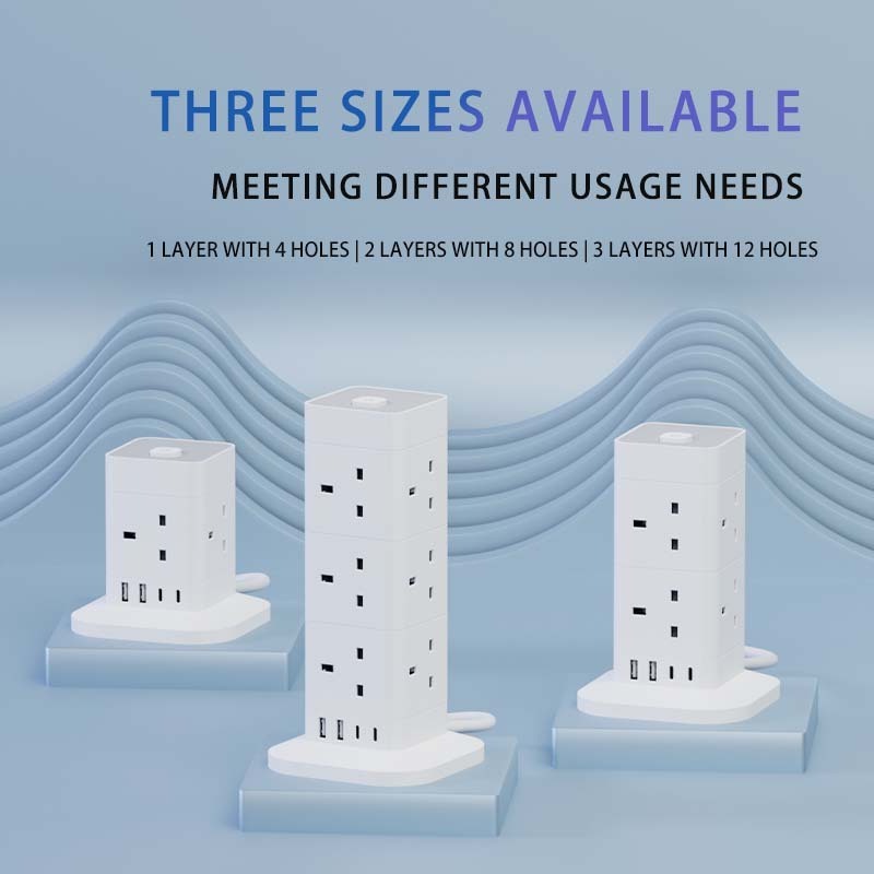 Tower Extension Lead 8 Way 13A 4 USB Ports Multi Plug Extension Socket with Surge Protection Power Strip Extension Cord for Home