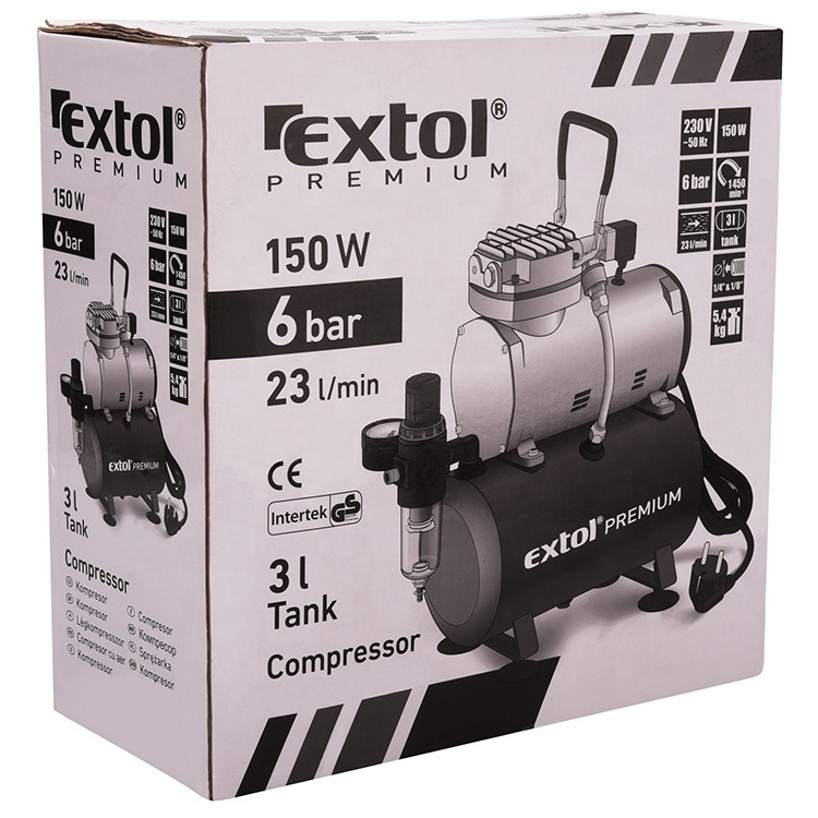 8895300 EXTOL 150W 3L Premium Silent Piston Airbrush Compressors for Spray Gun And Other Air Tools