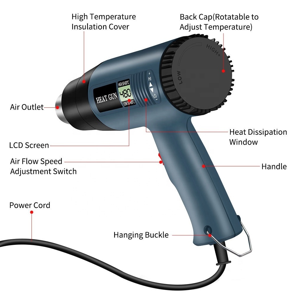 Factory direct sales 2000W LCD Digital Display heat gun Non-polar temperature control for Paint Removal, Bending PVC etc.