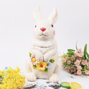 Colored drawing cute rabbit ceramic big canister cookie jar with lid kitchen decoration