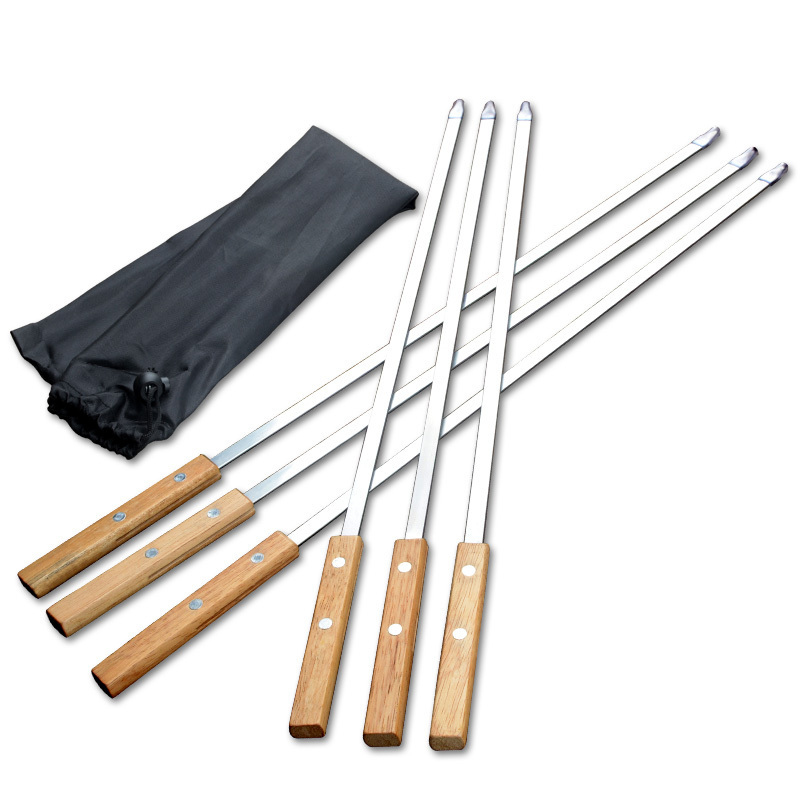 6 Pcs Kebab Skewers 23.5 Inch Grill Skewers Stainless Steel Bbq Barbecue Sticks Flat Skewer Reusable With Nonslip Wooden Handle