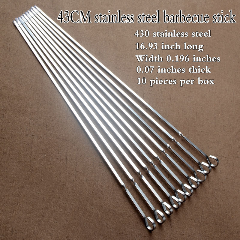 Stainless steel flat grill with steel needle skewer BBQ tools wholesale 43cm flat needle barbecue skewer 10 pieces