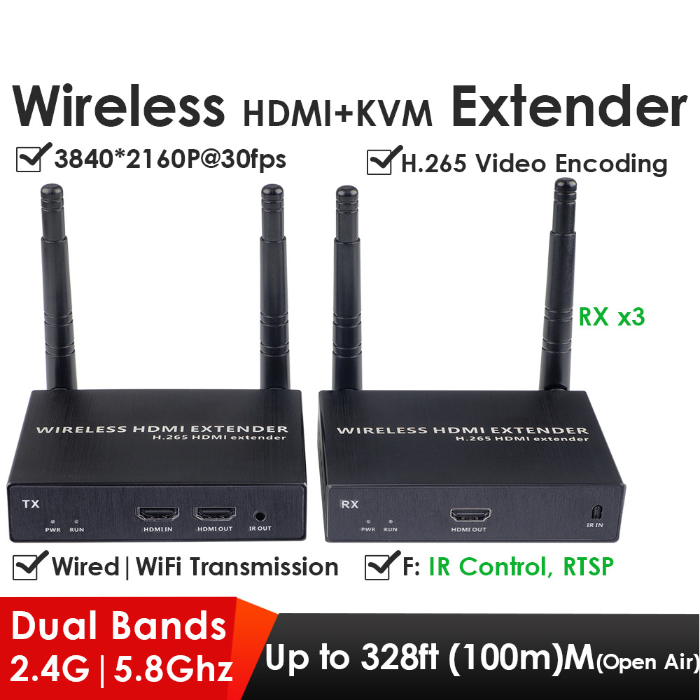 EXVIST 4K@30FPS KVM 1*TX+3*RX 100M Wireless HDMI Extender Kit 4K Video Splitters & Converters 328ft Transmission 100M Receiver