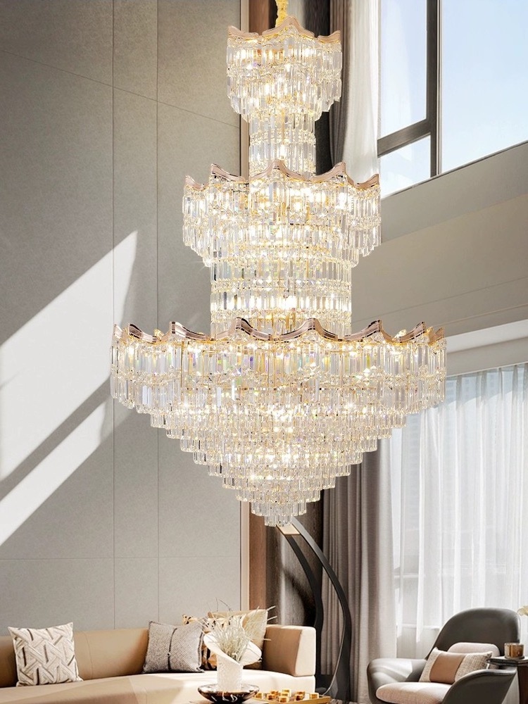 3 tier Modern K9 Crystal LED Chandelier High Ceiling Raindrop Lighting for Hotel Entryway Staircase Foyer Villa