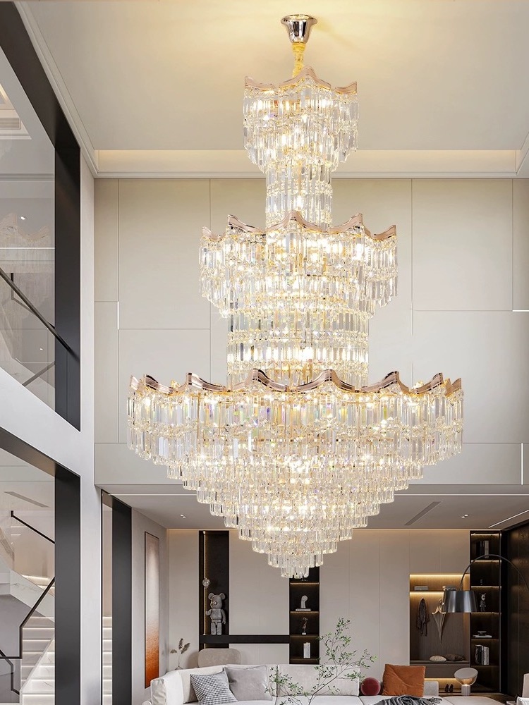 3 tier Modern K9 Crystal LED Chandelier High Ceiling Raindrop Lighting for Hotel Entryway Staircase Foyer Villa