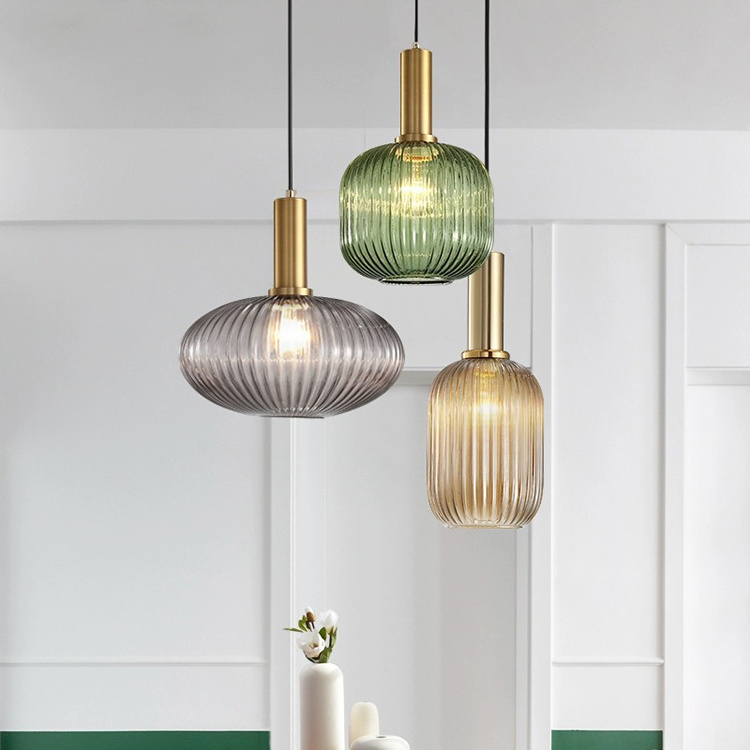 Modern Green Ribbed Glass Pendant Light Adjustable Cord Ceiling Fixture with Pumpkin Design for Bedroom Living Room Kitchen