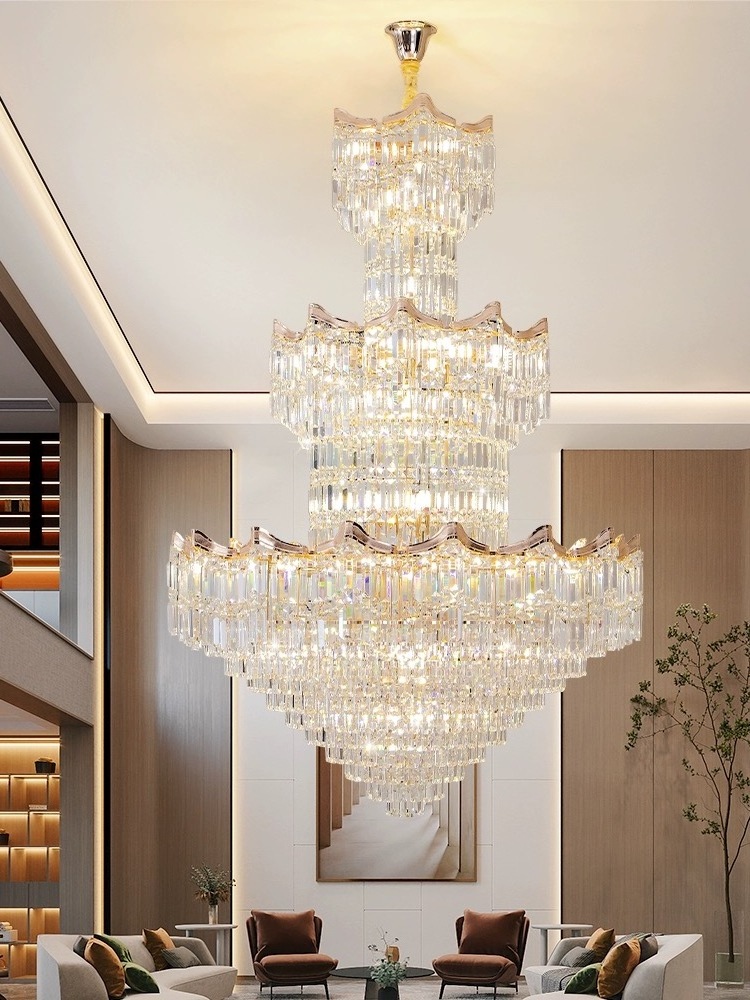 3 tier Modern K9 Crystal LED Chandelier High Ceiling Raindrop Lighting for Hotel Entryway Staircase Foyer Villa