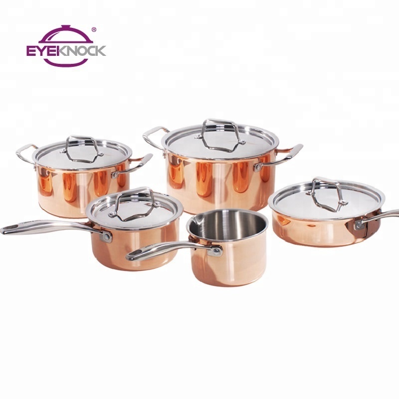 Hot sale classic straight shape milk pan with cast stainless steel handle triply copper cookware set