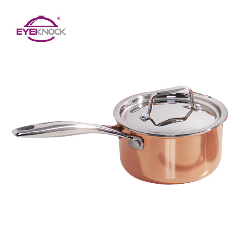 Hot sale classic straight shape milk pan with cast stainless steel handle triply copper cookware set