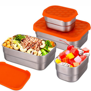 Stainless Steel Food Containers with Silicone Lids Set Metal Snack Container Leakproof Bento Box Storage Lunch Box