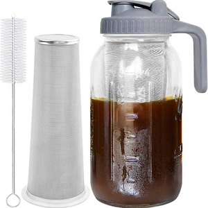 Cold Brew Coffee Mason Maker Jar Thick Glass Multipurpose Pitcher Spout Lid with Handle & Stainless Steel Filter for Coffee