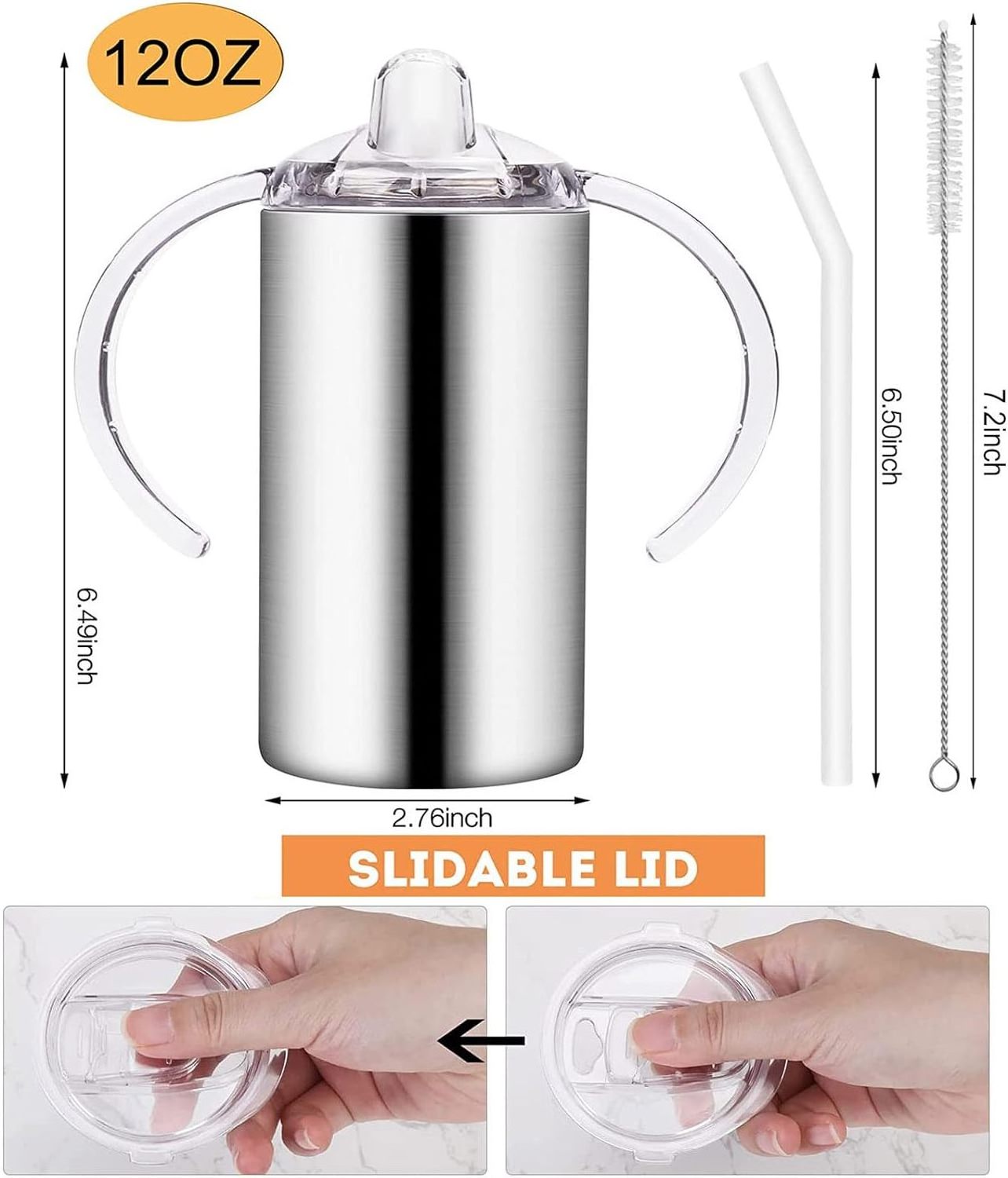 Stainless Steel Insulated Sippy Cups with Handles 12oz Spill Proof Vacuum Tumbler for Toddlers,Kids Straw Cup with Two Lids