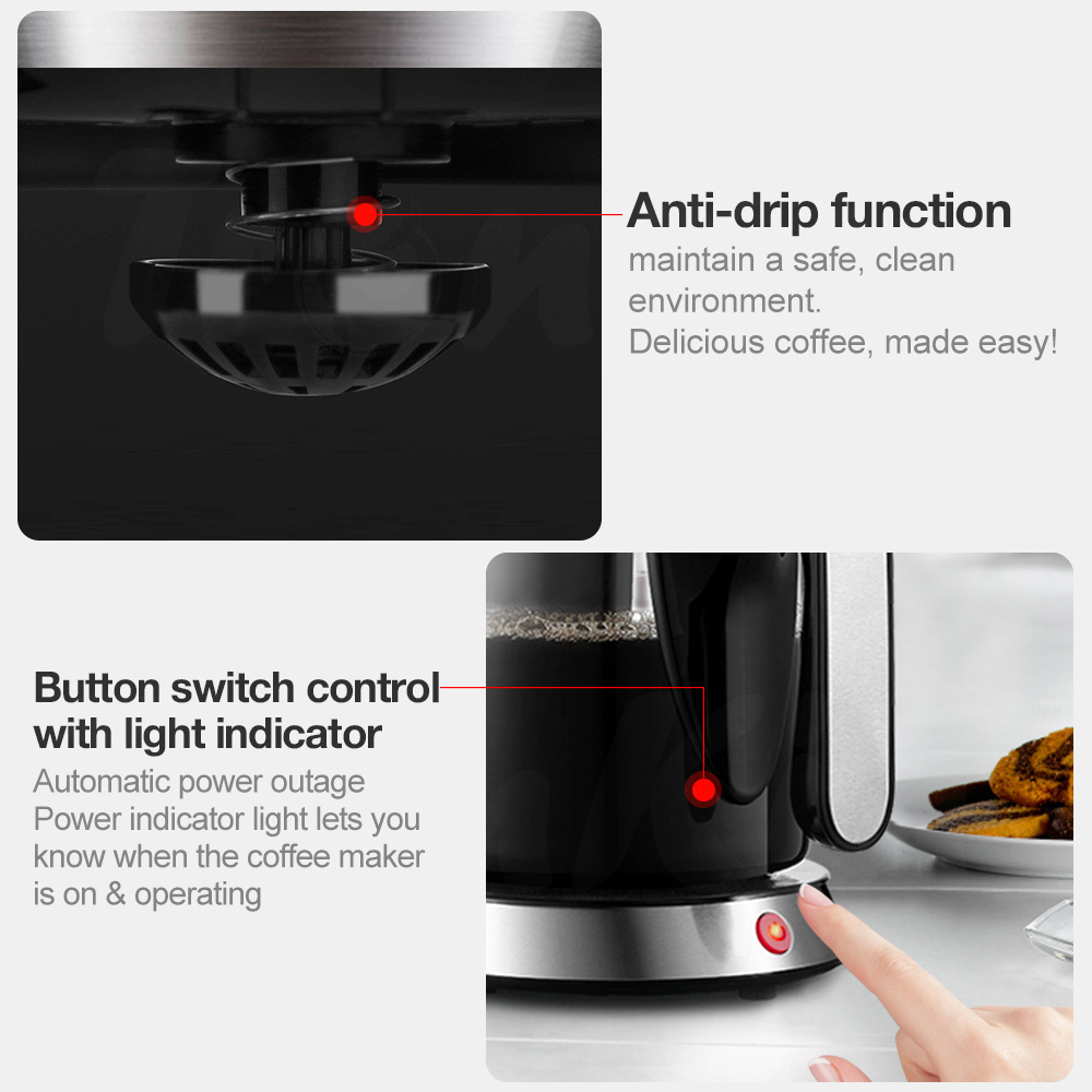 1.25L 10 Cups Home Use Electric Drip Coffee Maker Machine With Stainless Steel Housing