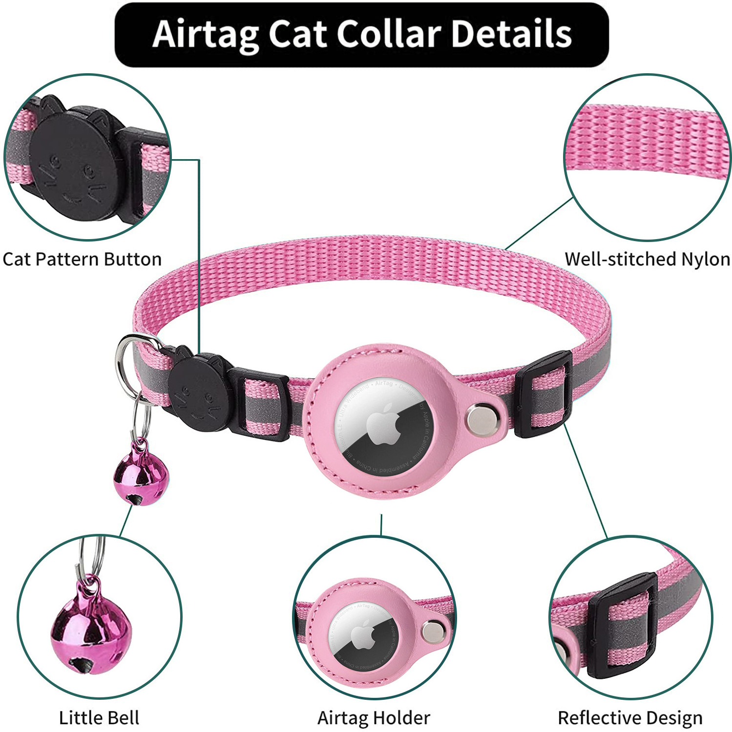 Luxury Hot Sales Adjustable Cat Collar Reflective Wholesale Soft Nylon Airtag Pet Cat Collar with Bell for Small Dog Walking