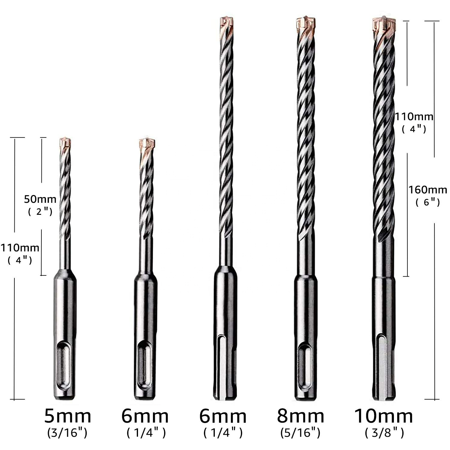 4-Cutter PGM Masonry SDS-Plus Hammer Drill Carbide Tips Concrete Masonry Drill Bit Set