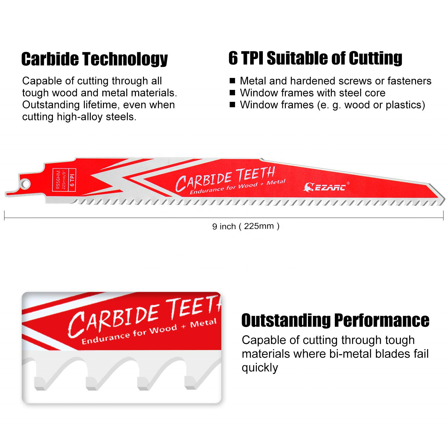 6TPI,9 In. Hard Wood/Metal Demolition Carbide Sawzall Blade Reciprocating Saw Blade