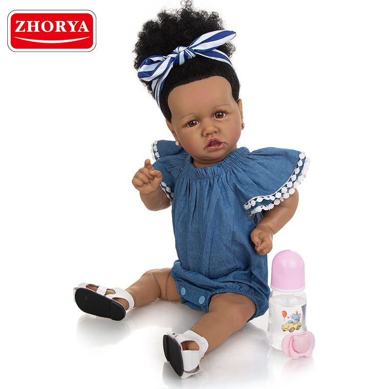 Zhorya lifelike vinyl bebes reborn baby African black cute baby dolls 58cm with curly hair