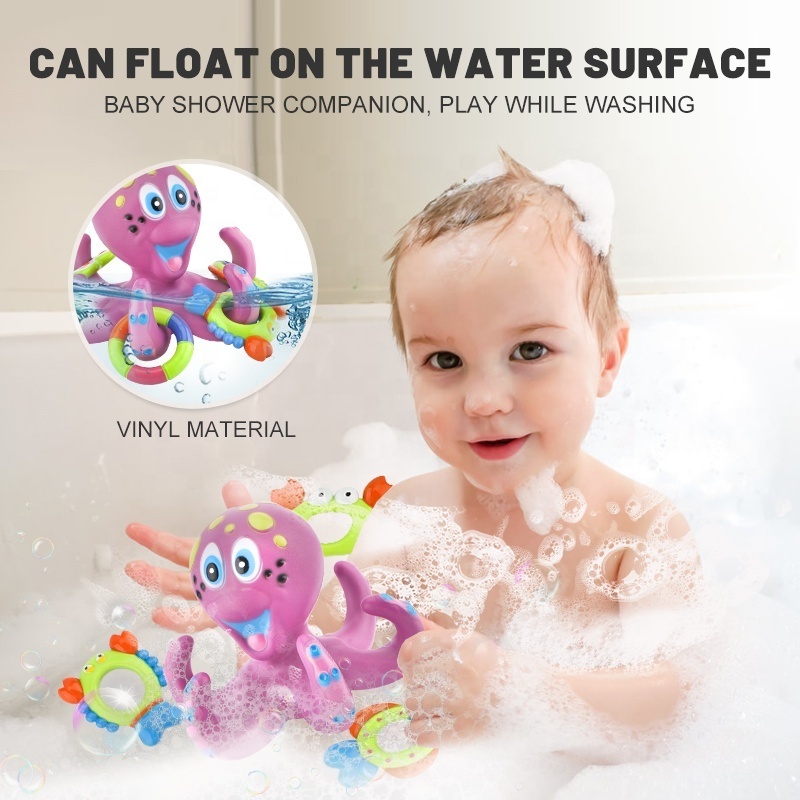 Zhorya Interactive Bath Toy Rubber Octopus Bathing Shower Toys Floating Purple Octopus with Hoopla Rings