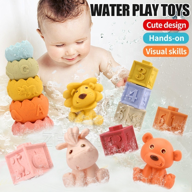 Zhorya Silicone Bath Toy 14 PCS Soft Building Block Sets Educational Montessori Toys Baby Water Spray Set