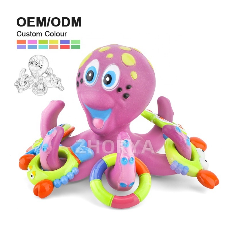 Zhorya Interactive Bath Toy Rubber Octopus Bathing Shower Toys Floating Purple Octopus with Hoopla Rings