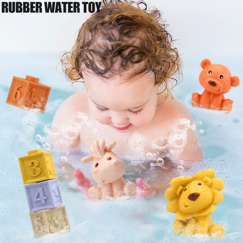 Zhorya Silicone Bath Toy 14 PCS Soft Building Block Sets Educational Montessori Toys Baby Water Spray Set