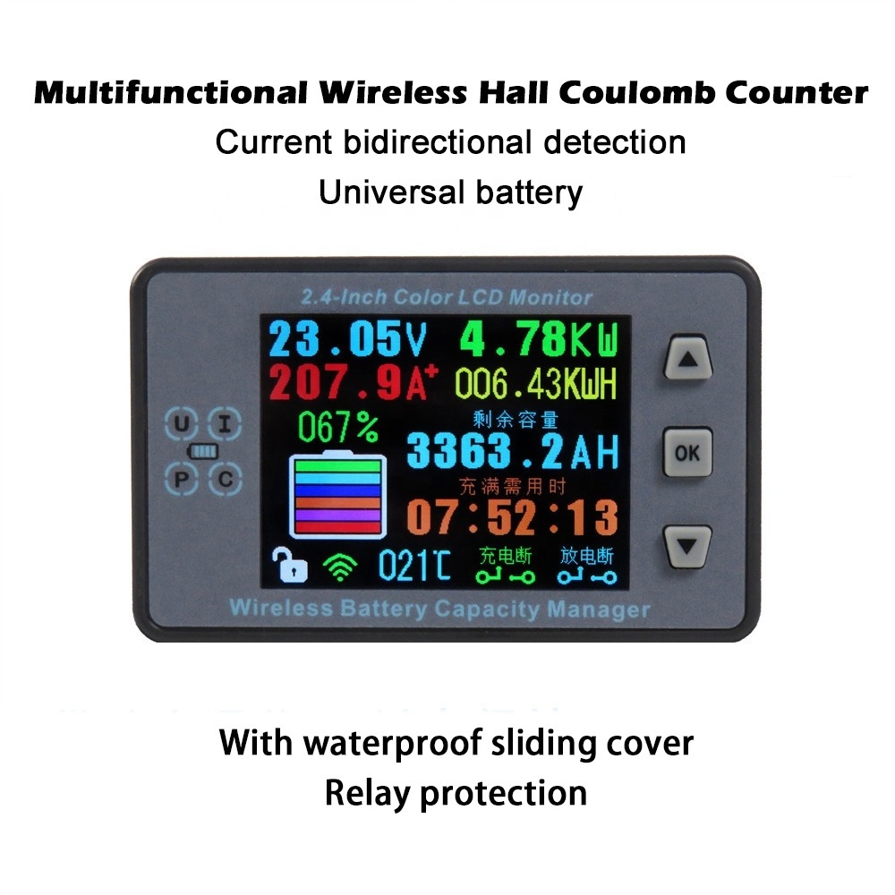 VAC8810F 2.4 Inch Wireless Voltage Ammeter Battery Management System Temp Coulomb Capacity Meter 0-120V 300A Color Screen